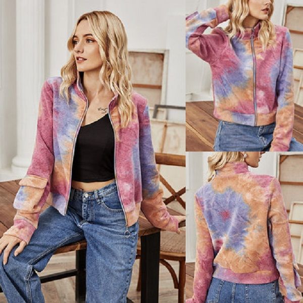 

women's jackets womens western style jacket coats spring autumn fashion loose all-match multicolor tie dye zipper stand-up collar long, Black;brown