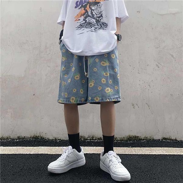 

summer denim short women vintage washed denim shorts harajuku daisy print shorts casual drawstring man1, Blue