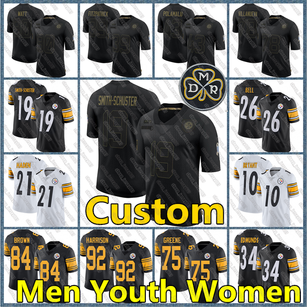 

7 ben roethlisberger pittsburgh steeler football jersey steelers 90 t.j. watt 19 juju smith-schuster minkah fitzpatrick bud dupree, Black;red