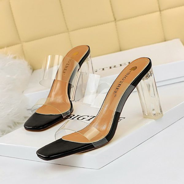 

2021 new european and simple, transparent to-line style open-foot square-toe flip-flop high-heeled female perspective slippers bnfu, Black