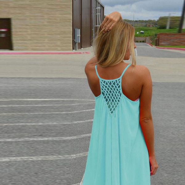 

fashion women spaghetti strap back howllow out summer chiffon beach short dresssleeveless openwork dress drop shipping, Black;gray