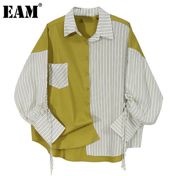 

eam] women green striped drawstring big size blouse new lapel long sleeve loose fit shirt fashion spring autumn 2021 1da968, White