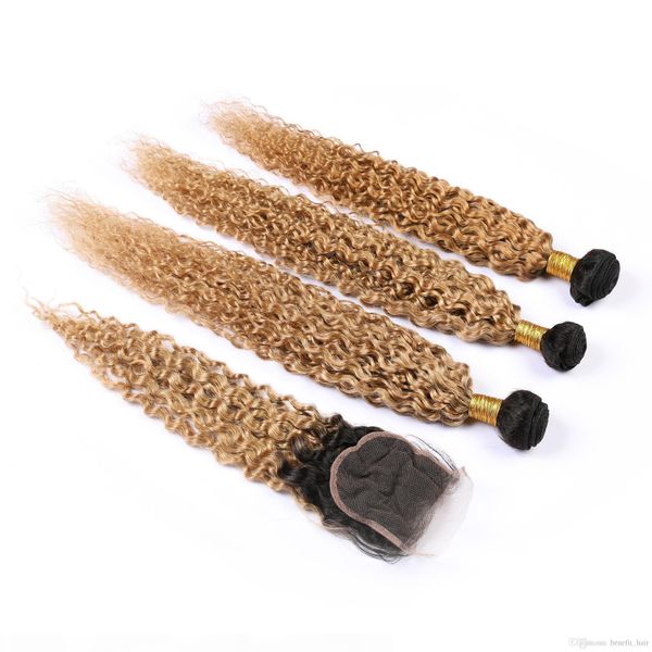 

ombre virgin ombre hair bundles with closure 4" * 4" dark root kinky curly blond ombre bundles with closure#1b #27, Black;brown