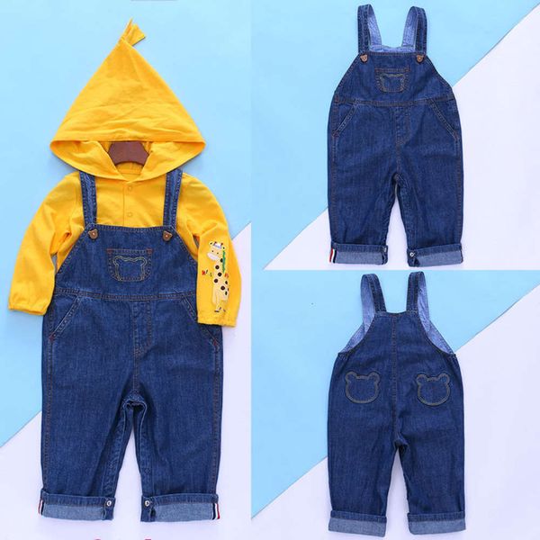 

children's cartoon bear head strap jeans pants for boys and girls, Blue