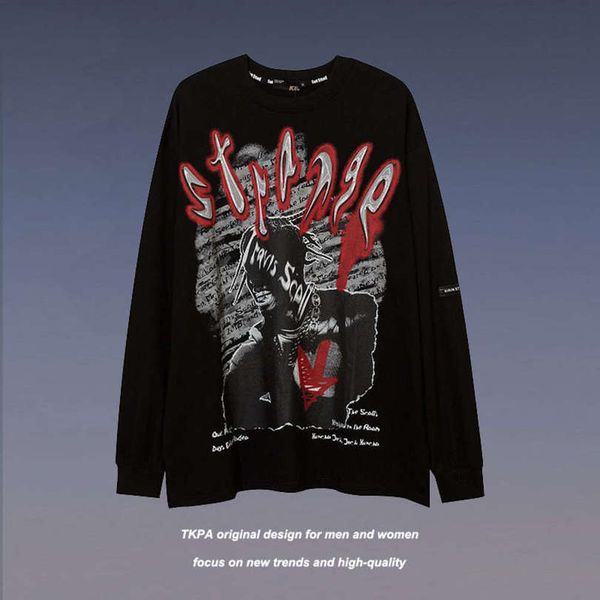 

tkpa high street punk cartoon graffiti printed long sleeve hoodies hip hop loose round neck pullover thin sweater, Black