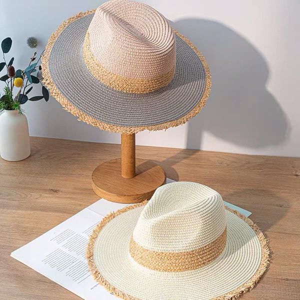 

new summer simple retro color matching jazz cap tassel fashion handmade weave straw sun hats for outdoor beach summer holiday, Blue;gray