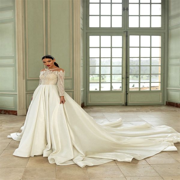 

design a line wedding dresses ruched satin jewel long sleeves bead lace appliques elegant bridal gowns sweep train robe de mariee, White
