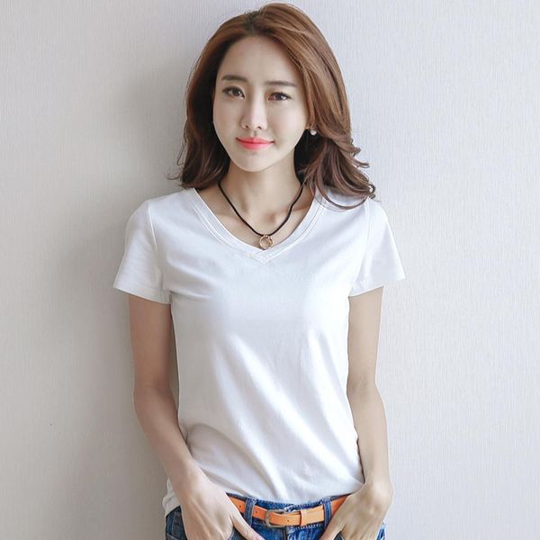 

summer white basic t-shirt women fashion v neck short sleeve solid t shirt new arrival s-2xl tee shirt wdc2176