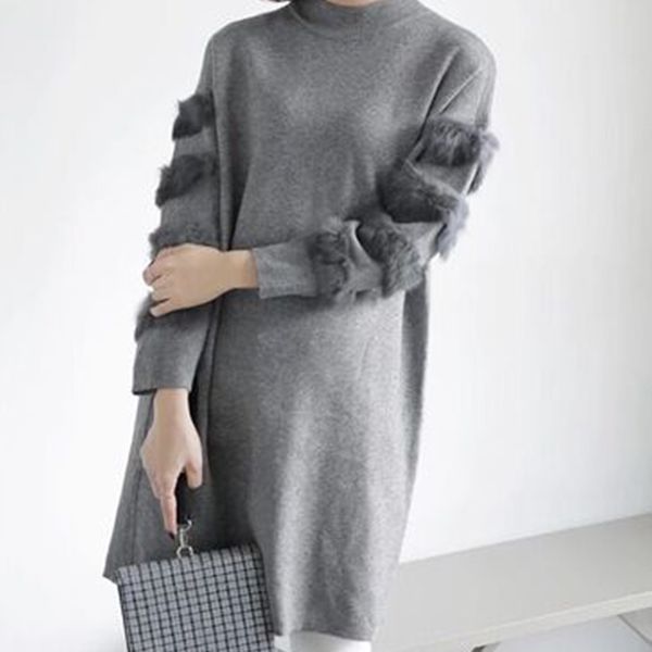 

plus 2020 size fashion dress in long knitted nightgown high sweater with real female rabbit skin sleeves winter qgyb, Black