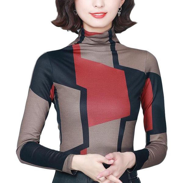 

women's blouses & shirts vintage geometric print women long sleeve turtleneck elasticity blouse plus size blusas mujer, White