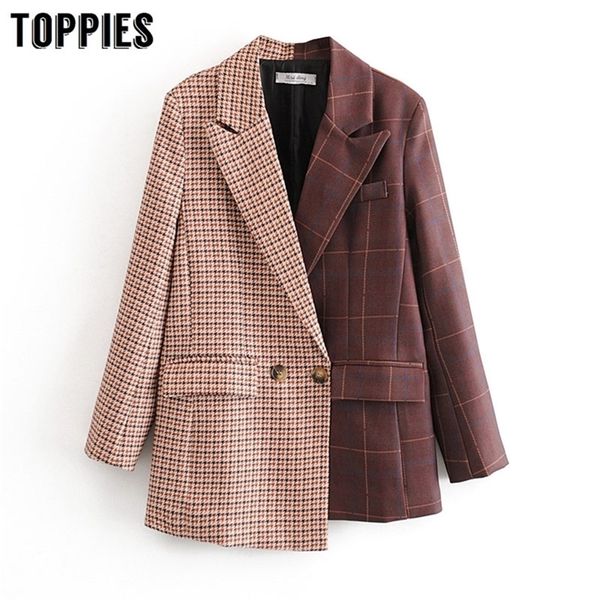 

2020 women suits plaid long blazer vintage spliced asymmetrical jacket ladies double breasted coat lj201214, White;black