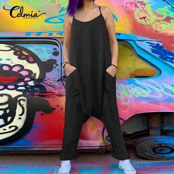 

celmia 5xl women spaghetti straps jumpsuit summer rompers vintage casual drop-crotch playsuit solid sleeveless harem pants1, Black;white