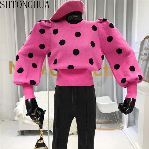 

2020 winter new design round neck polka dot sweater dress sweet bubble sleeve pullovers female fashion jumper1, White;black