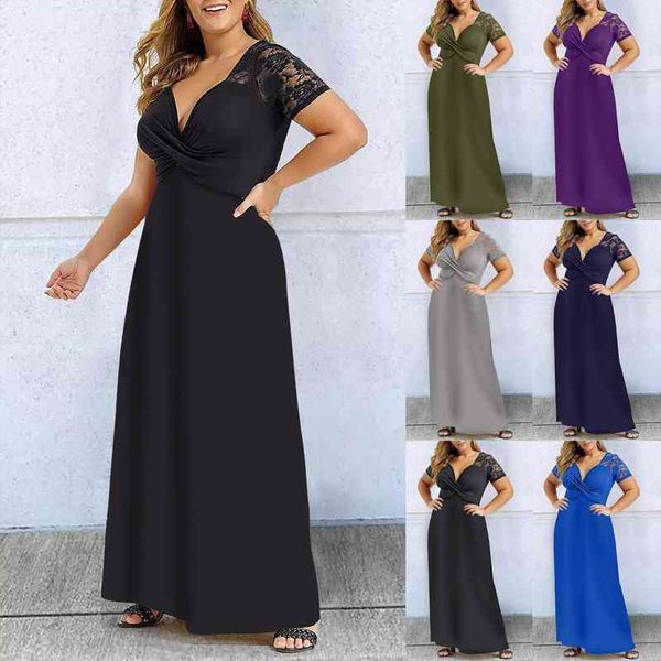 

plus size v neck dress lace stitching evening party summer maxi women dress large ladies short sleeve floral elegant, Black;gray