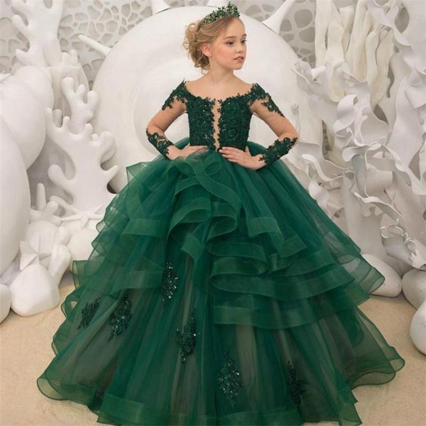 Abiti da ragazza di fiori in pizzo verde scuro Maniche lunghe Abito da ballo con perline Collo trasparente Tulle Lilttle Abiti da sposa per spettacolo di compleanno per bambini