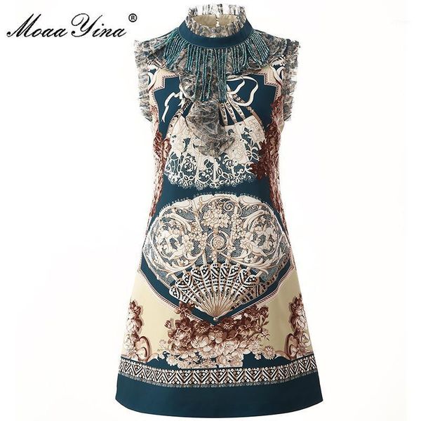 

moaayina fashion designer dress summer women's dress stand collar sleeveless beading tassel japan style print dresses1, Black;gray