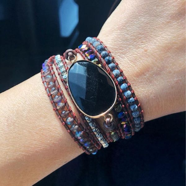 

black onyx woven wrap bracelets bohemian bracelet drops hipping mix 5 strands leather bracelet, Golden;silver
