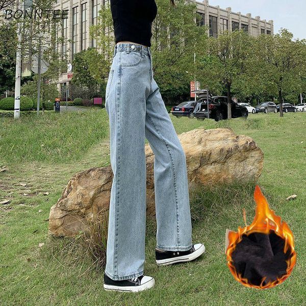 

women's jeans women retro straight denim trousers plus velvet female simple all-match loose ins chic korean style fashion streetwear1, Blue