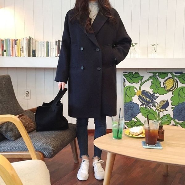 

new thin wool blend coat women long sleeve turn-down collar outwear jacket casual autumn winter elegant overcoat outwear 201103, Black