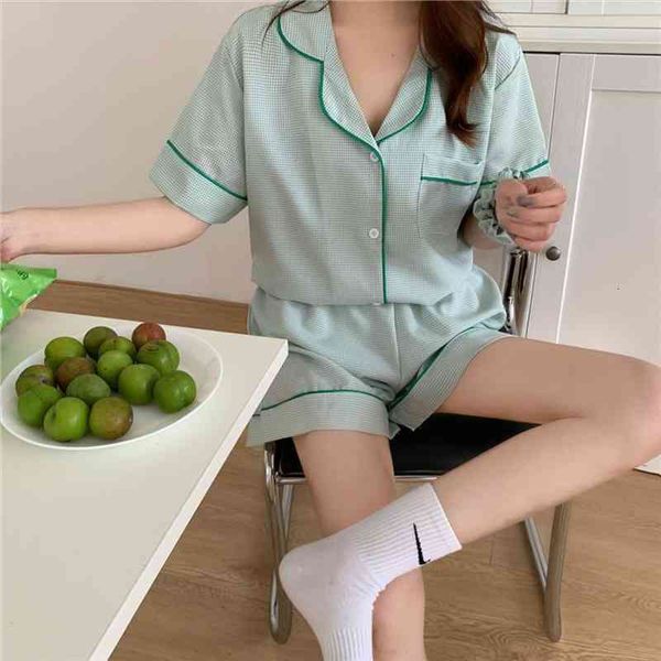 

summer girls fine plaid short sleeve shirt korean style women loose casual pajamas set orange green homewear service suits l267, Black;red