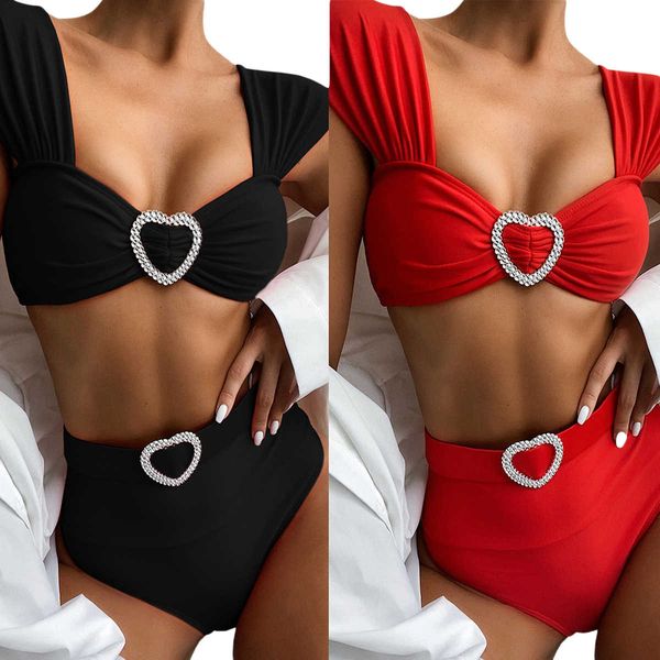 

women's solid color bikini set rhinestone love decoration v-neck high waist swimwear swimsuit ladies summer bathing suit, White;black