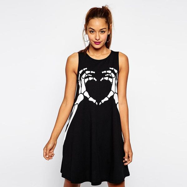 

wholesale-new 2016 women spring summer new european punk style finger skull print loose women sleeveless lady dress t shirts z21281, White
