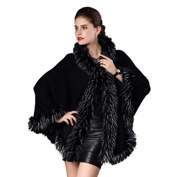 

women's fur & faux loose collar hooded knitted cardigan shawl cloak ladies jacket, Black
