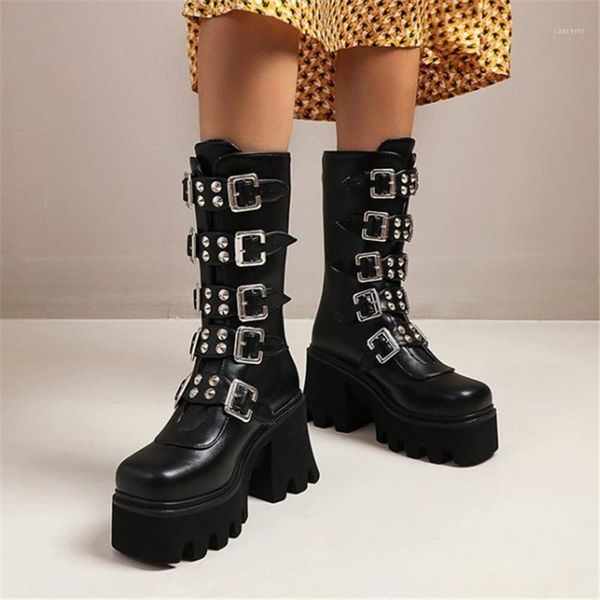 

pxelena winter rivet combat platform ankle boots women buckle chunky high heel punk rock gothic motorcycle biker boots 35-441, Black