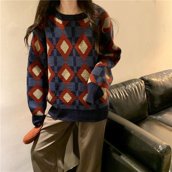 

2021 new autumn korean style knitted shirts of women loose the neck argyle sweater and women's pullovers (c8560) a9dn, White;black
