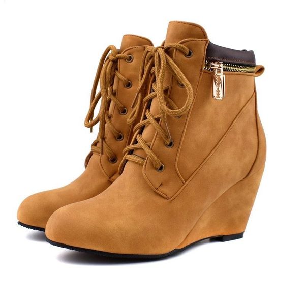 

boots lace up women shoes autumn winter high heels ankle ladies vintage cross strappy wedges botas mujer, Black