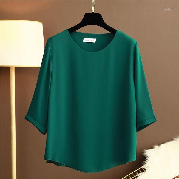 

fashion brand women chiffon shirt 2020 summer half sleeve round neck blouse casual 8 solid color loose oversized 5xl lady 1, White