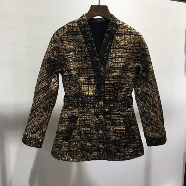

designer women v neck plaid tweed coat 2019 fall/winter elastic waist elegant jackets coat a7651, Black;brown