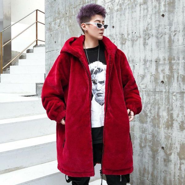 

men fur coat long jacket hooded parka hiphop winter outwear overcoat c0201, Black