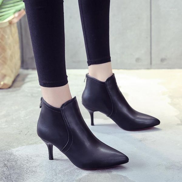 

boots ladies shoes woman solid black leather ankle for women pointed toe thin high heels zipper winter1