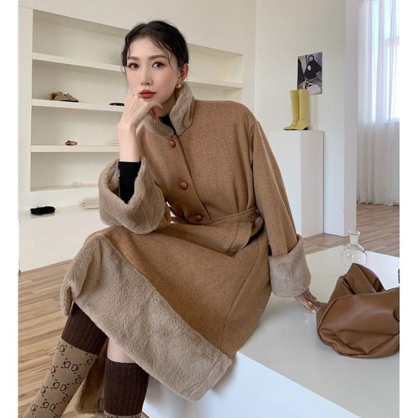 

khaki wool patchwork tweed coat women's small winter new mid long woolen coat, Black