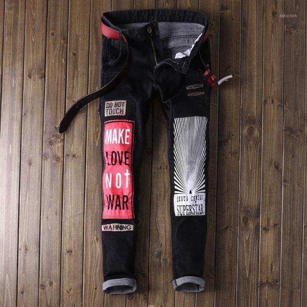 

new fashion men distressed ripped jeans black denim pants slim skinny fit trousers casual men's skinny letter patchwork jeans1, Blue