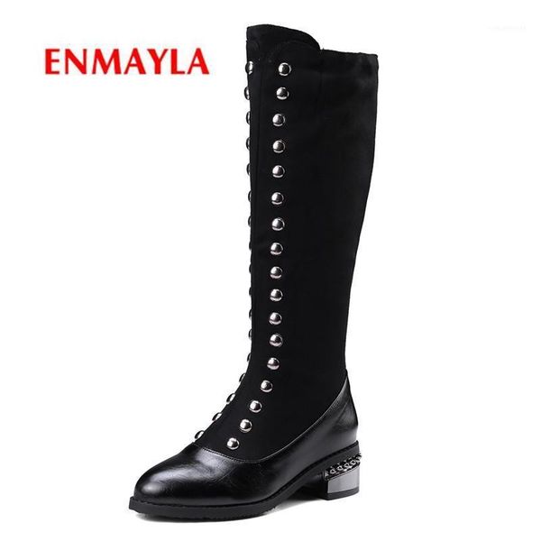 

boots enmayla style women pointed toe rivet knee-high square heel lady fashion short plush big size 34-43 zyl5081, Black