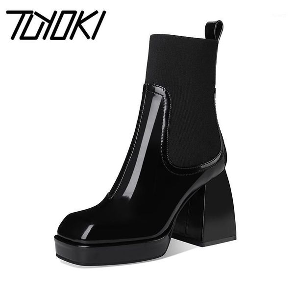 

tuyoki fashion genuine leather boots women ankle boots thick high heels square toe winter warm for women size 33-401, Black