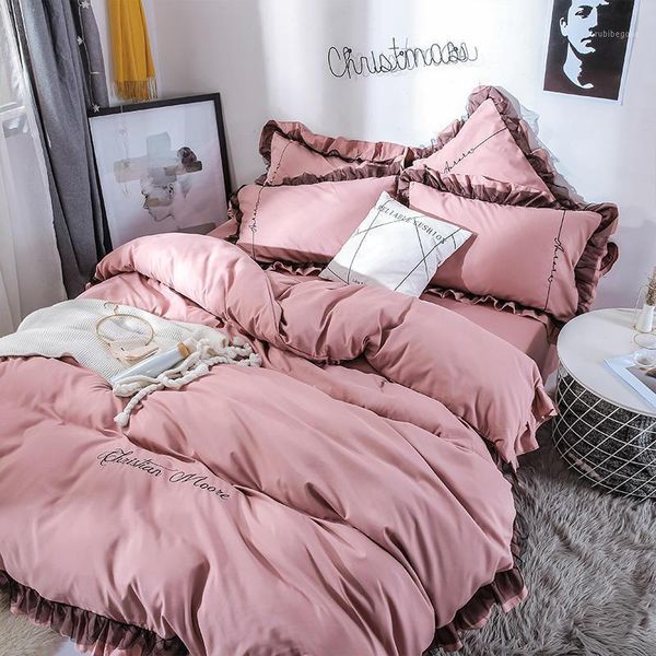

bedding sets spring and summer imitation cotton brushed four-piece girl lace style solid color bed linen quilt bedding1