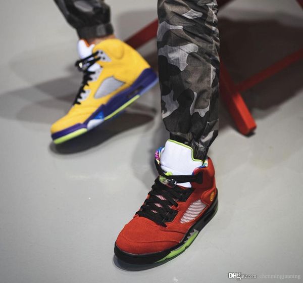 

high air authentic 5 what the sports shoes varsity maize court purple ghost green solar orange sports retro men sneakers with box