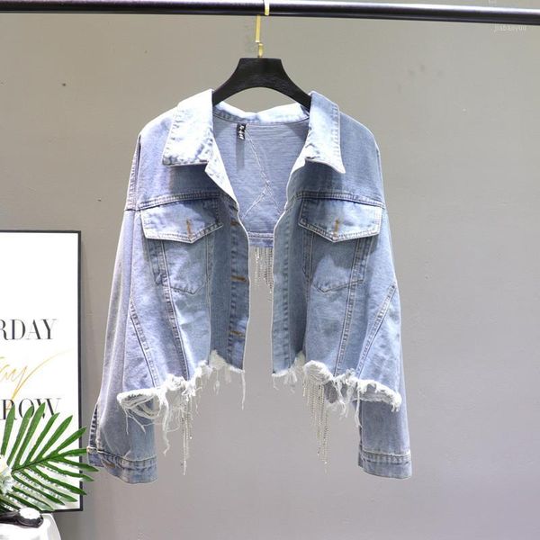 

autumn denim jacket ladies new hand studded drill diamond tassels back split jeans jacket short jeans coat manteau femme1, Black;brown