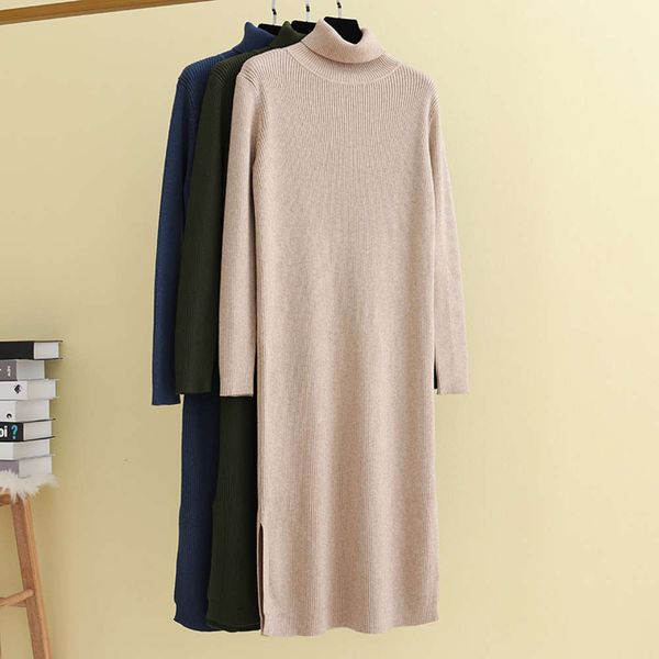 

autumn winter new mid long loose high collar knitted women's over knee net red and black fur dress, Black;gray