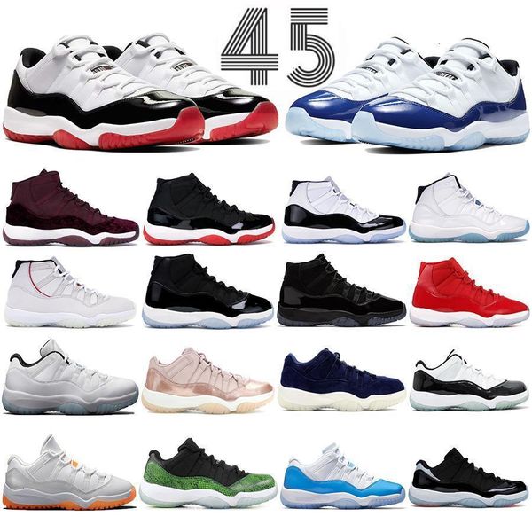 

bred 11 11s men women concord jumpman basketball shoes space jam cap and gown legend blue low heiress pure platinum sneakers mens trainers, Black