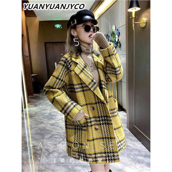

yuanyuanjyco winter women long streetwear woolen coat lnzdy50 turn-down collar button long sleeve loose tweed plaid jacket, Black