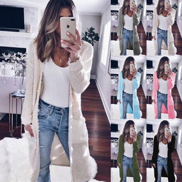 

new fashion women's long sleeve solid color cardigan coat casual knitted sweater, White;black