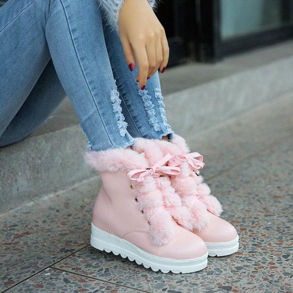 

women wedges keep warm snow boots casual round toe winter ankle boots sweet lace up women shoes size 35-43, Black