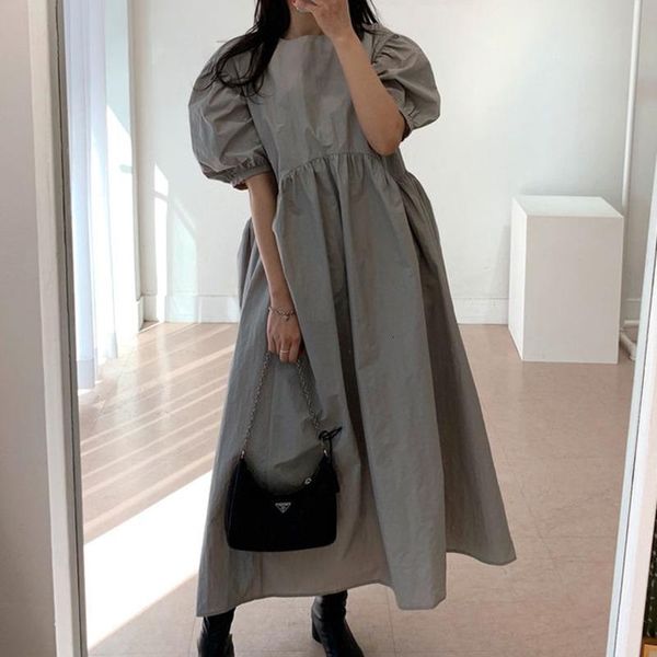 

ewq] 2021 summer new vintage o neck puff sleeve high waist gray women dresses korea chic irregular big hem ladies dresses qv373, Black;gray
