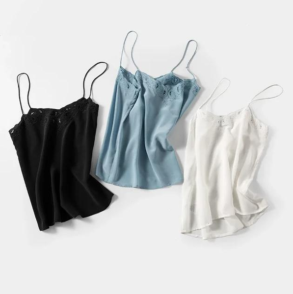 

100% silk embroidery camis women spring summer new camisole sleeveless sweet lady vest, White