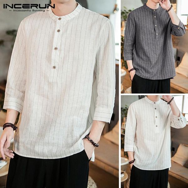 

incerun 2020 men striped shirt stand collar 3/4 sleeve button camisa pullover vintage brand casual shirts men harajuku plus size, White;black