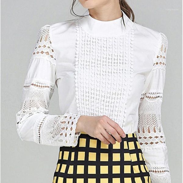 

graceful long sleeve slim lace hook flower hollow white shirt for woman1